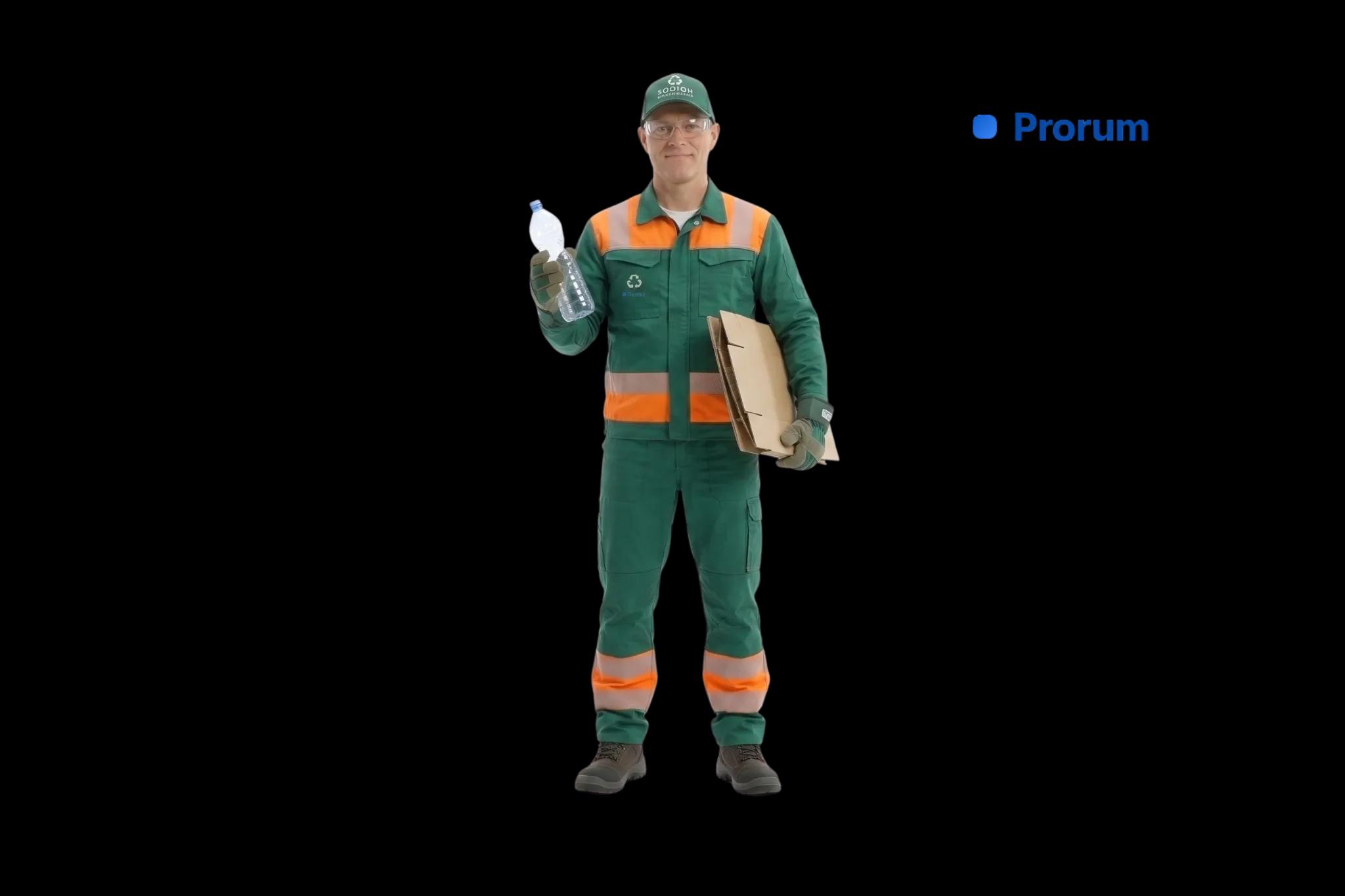 Prorum Entsorgungsmitarbeiter mit PET-Flasche und Karton zum Recycling